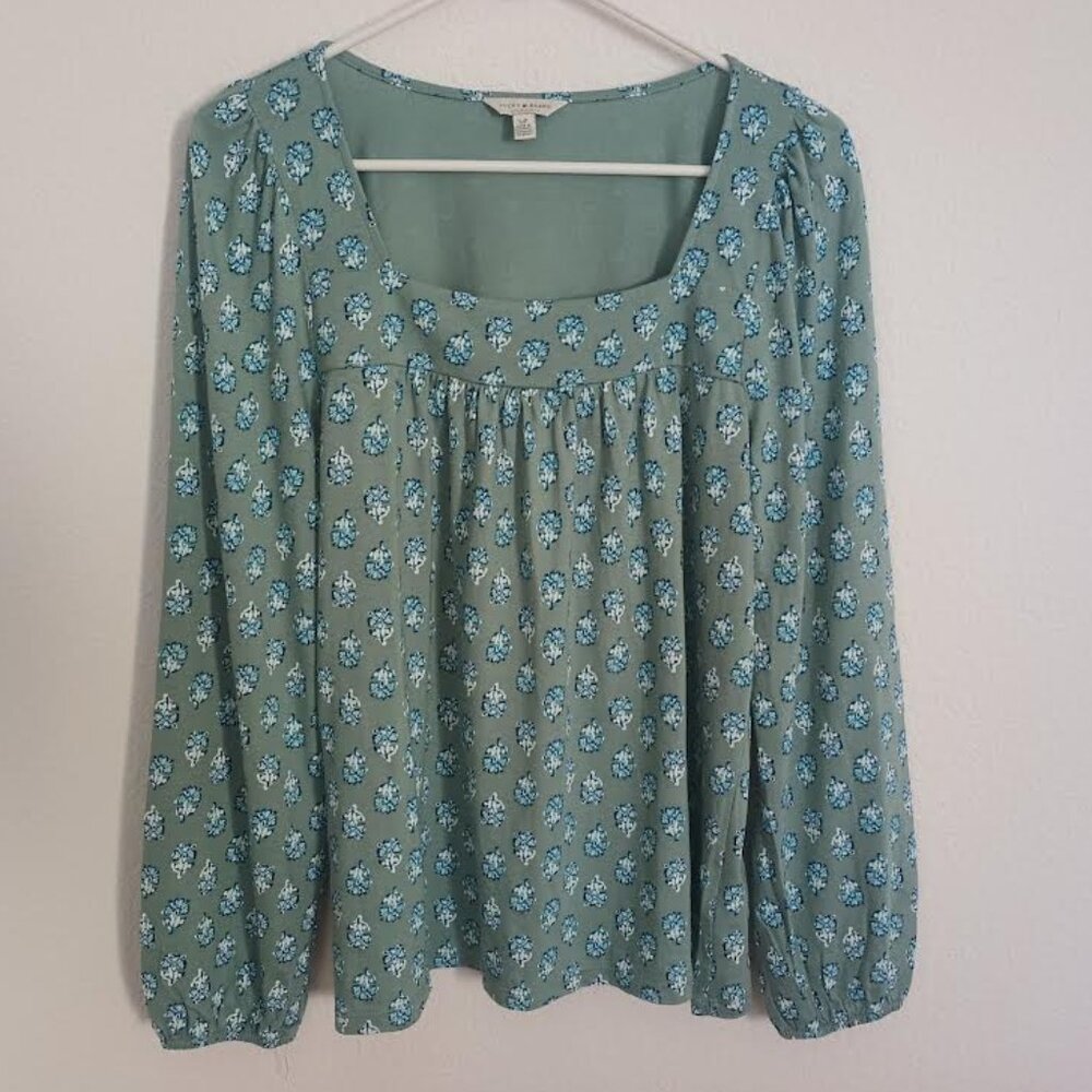 LUCKY BRAND WOMEN'S TOP SEAFOAM FLORAL GATHERED FRONT LONG SLEEVE PEASANT SMALL